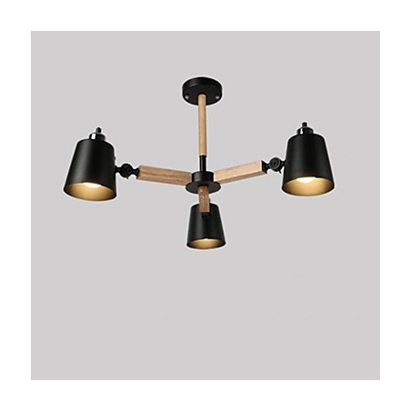Lampadario vintage in metallo dipinto con dettagli in legno o bambù, 3 luci E26/E27