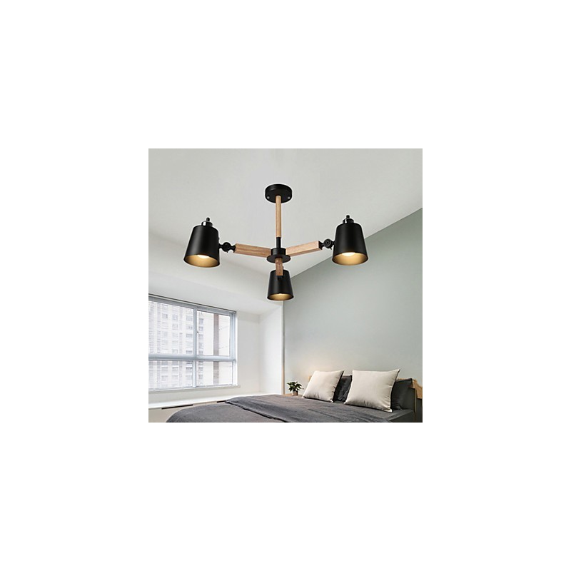 Lampadario vintage in metallo dipinto con dettagli in legno o bambù, 3 luci E26/E27
