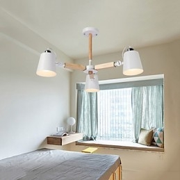 Lampadario vintage in metallo dipinto con dettagli in legno o bambù, 3 luci E26/E27