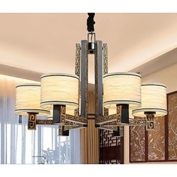 Lampadario stile cinese marrone con paralumi beige e bianchi, 6 lampadine E26/E27