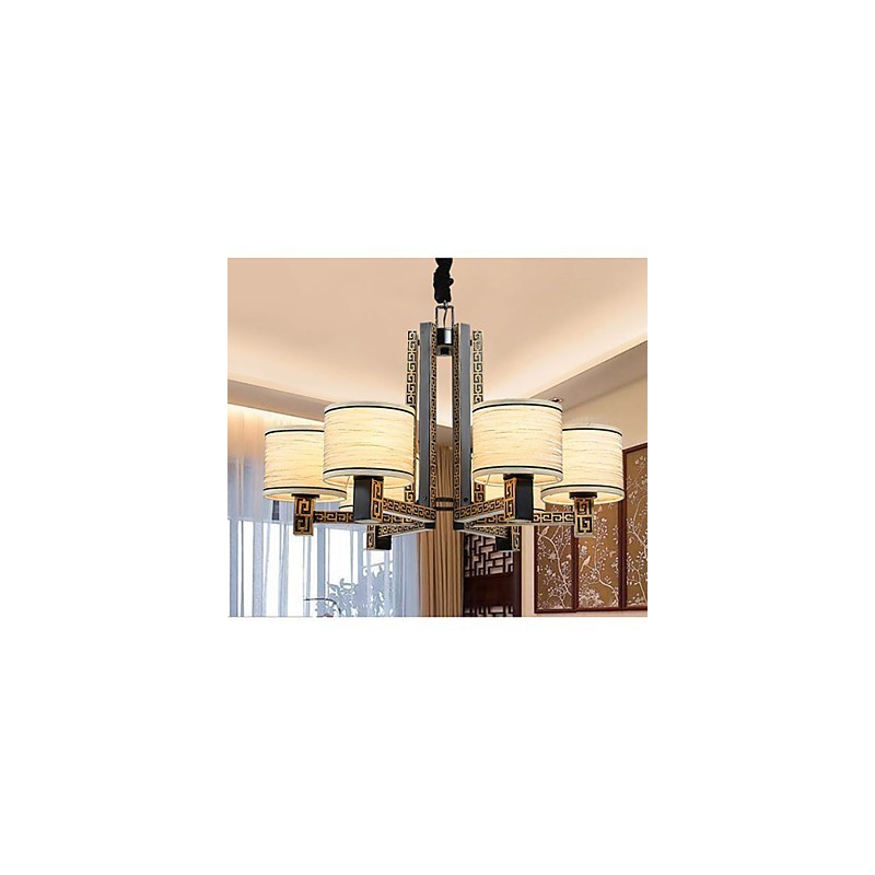 Lampadario stile cinese marrone con paralumi beige e bianchi, 6 lampadine E26/E27