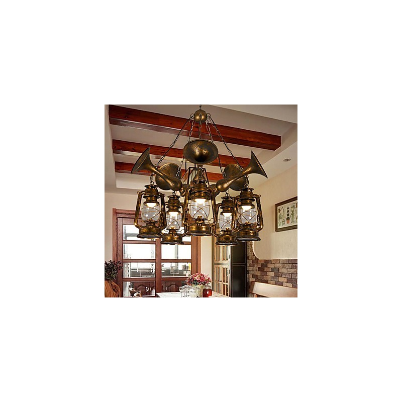 Lampadario rustico vintage country globo dipinto in metallo, 5 luci E12/E14