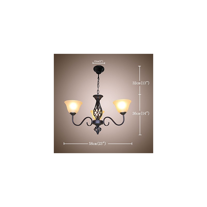 Lampadario rustico vintage in metallo e vetro, 3 luci E26/E27, 58 cm