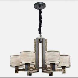 Lampadario stile cinese marrone con paralumi beige e bianchi, 6 lampadine E26/E27