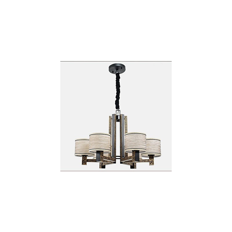 Lampadario stile cinese marrone con paralumi beige e bianchi, 6 lampadine E26/E27