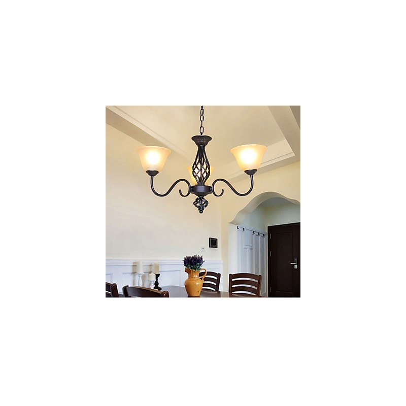 Lampadario rustico vintage in metallo e vetro, 3 luci E26/E27, 58 cm