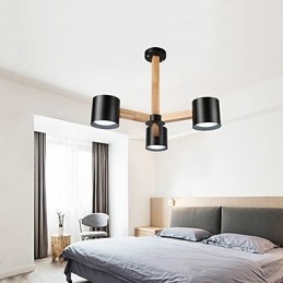 Lampadario vintage in metallo con dettagli in legno/bambù, 3 luci E26/E27, 65 cm