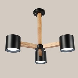 Lampadario vintage in metallo con dettagli in legno/bambù, 3 luci E26/E27, 65 cm