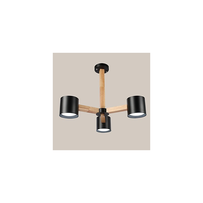Lampadario vintage in metallo con dettagli in legno/bambù, 3 luci E26/E27, 65 cm