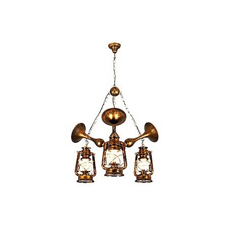 Lampadario globo rustico vintage retrò in metallo e vetro, 3 luci E12/E14, 59 cm