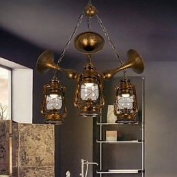 Lampadario globo rustico vintage retrò in metallo e vetro, 3 luci E12/E14, 59 cm