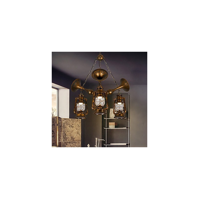Lampadario globo rustico vintage retrò in metallo e vetro, 3 luci E12/E14, 59 cm