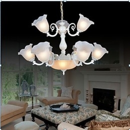 Lampadario classico vintage retrò in metallo bianco e vetro bianco, 2 livelli