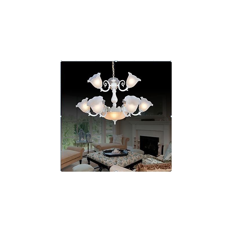 Lampadario classico vintage retrò in metallo bianco e vetro bianco, 2 livelli