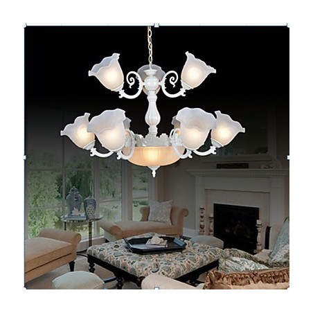Lampadario classico vintage retrò in metallo bianco e vetro bianco, 2 livelli