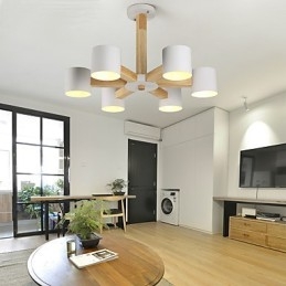 Lampadario a 6 luci in legno e bambù vintage country