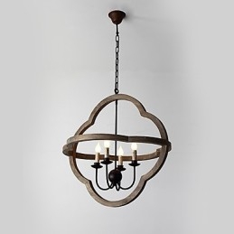 Lampadario industriale vintage in legno colorato e metallo, 4 luci E12/E14