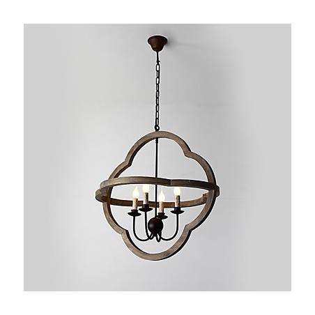 Lampadario industriale vintage in legno colorato e metallo, 4 luci E12/E14