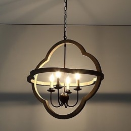 Lampadario industriale vintage in legno colorato e metallo, 4 luci E12/E14