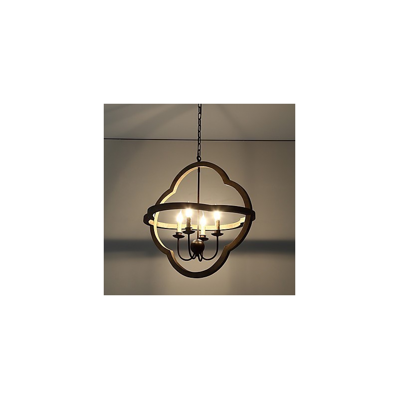 Lampadario industriale vintage in legno colorato e metallo, 4 luci E12/E14