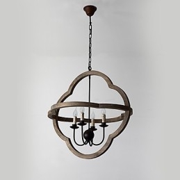Lampadario industriale vintage in legno colorato e metallo, 4 luci E12/E14