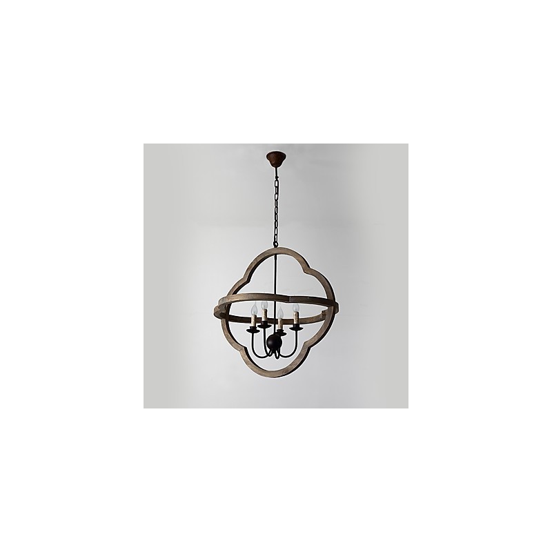 Lampadario industriale vintage in legno colorato e metallo, 4 luci E12/E14