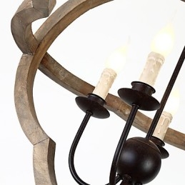 Lampadario industriale vintage in legno colorato e metallo, 4 luci E12/E14