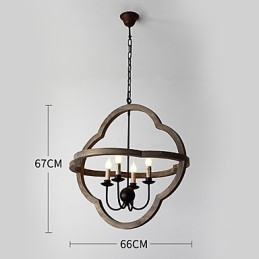 Lampadario industriale vintage in legno colorato e metallo, 4 luci E12/E14
