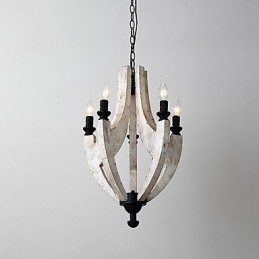 Lampadario mini in bambù e legno con pittura vintage, 5 luci, E12/E14
