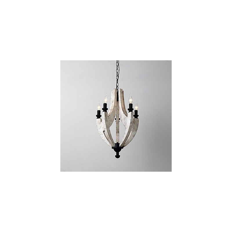 Lampadario mini in bambù e legno con pittura vintage, 5 luci, E12/E14