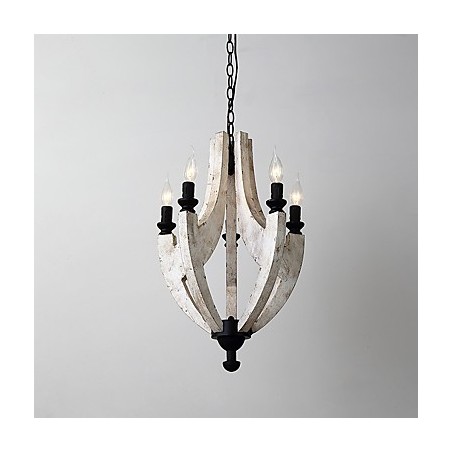 Lampadario mini in bambù e legno con pittura vintage, 5 luci, E12/E14