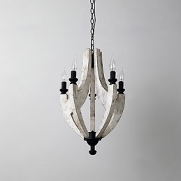 Lampadario mini in bambù e legno con pittura vintage, 5 luci, E12/E14