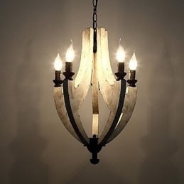 Lampadario mini in bambù e legno con pittura vintage, 5 luci, E12/E14