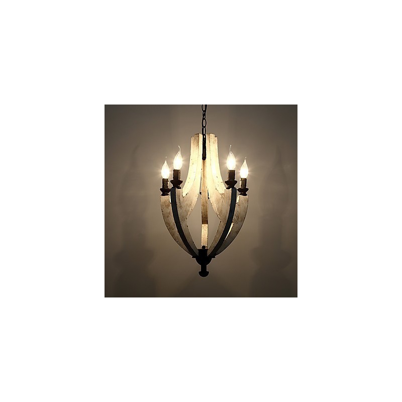 Lampadario mini in bambù e legno con pittura vintage, 5 luci, E12/E14