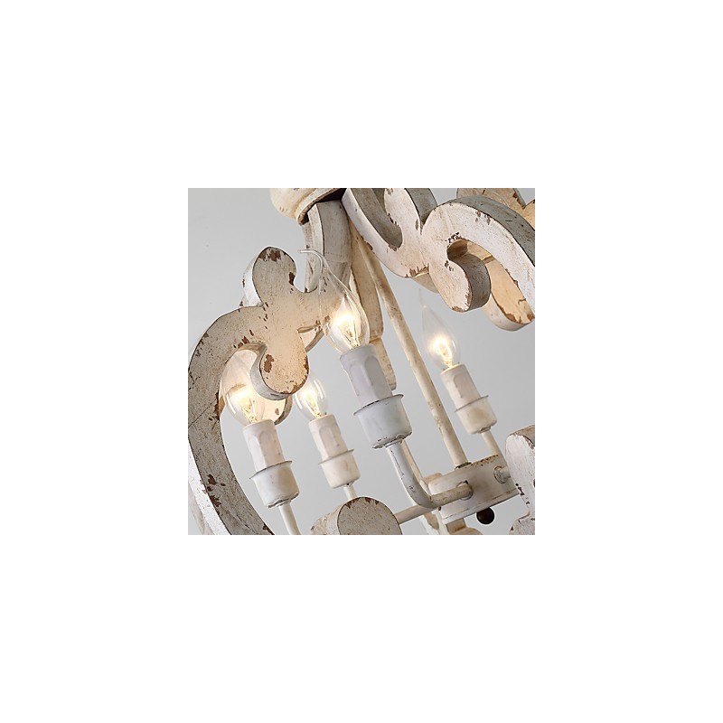 Lampadario mini in bambù e legno dipinto vintage, 6 luci E12/E14