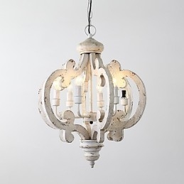 Lampadario mini in bambù e legno dipinto vintage, 6 luci E12/E14