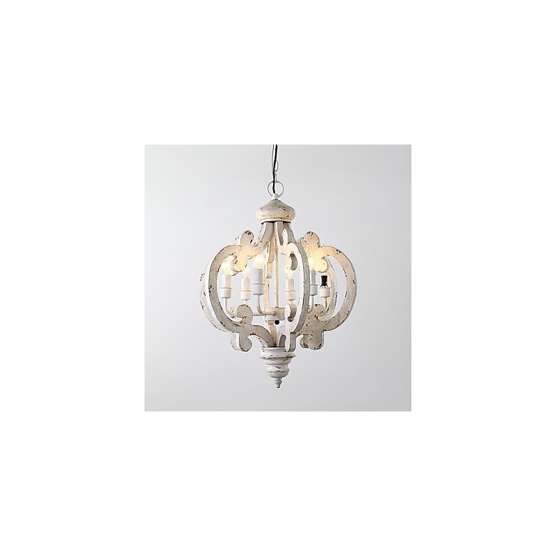 Lampadario mini in bambù e legno dipinto vintage, 6 luci E12/E14