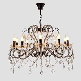 Lampadario retrò country in metallo dipinto con cristalli, 10 lampadine E12/E14