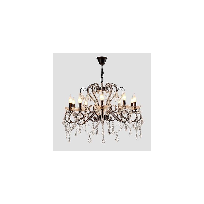 Lampadario retrò country in metallo dipinto con cristalli, 10 lampadine E12/E14