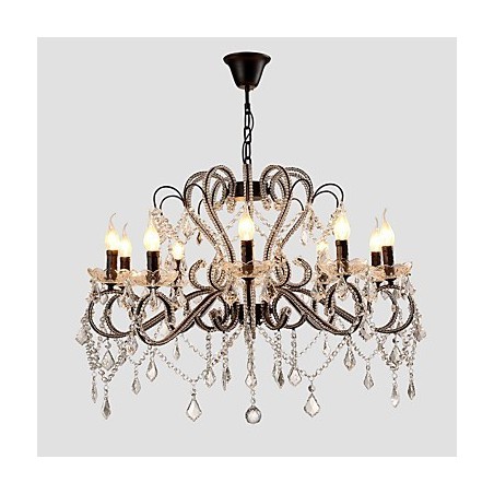 Lampadario retrò country in metallo dipinto con cristalli, 10 lampadine E12/E14