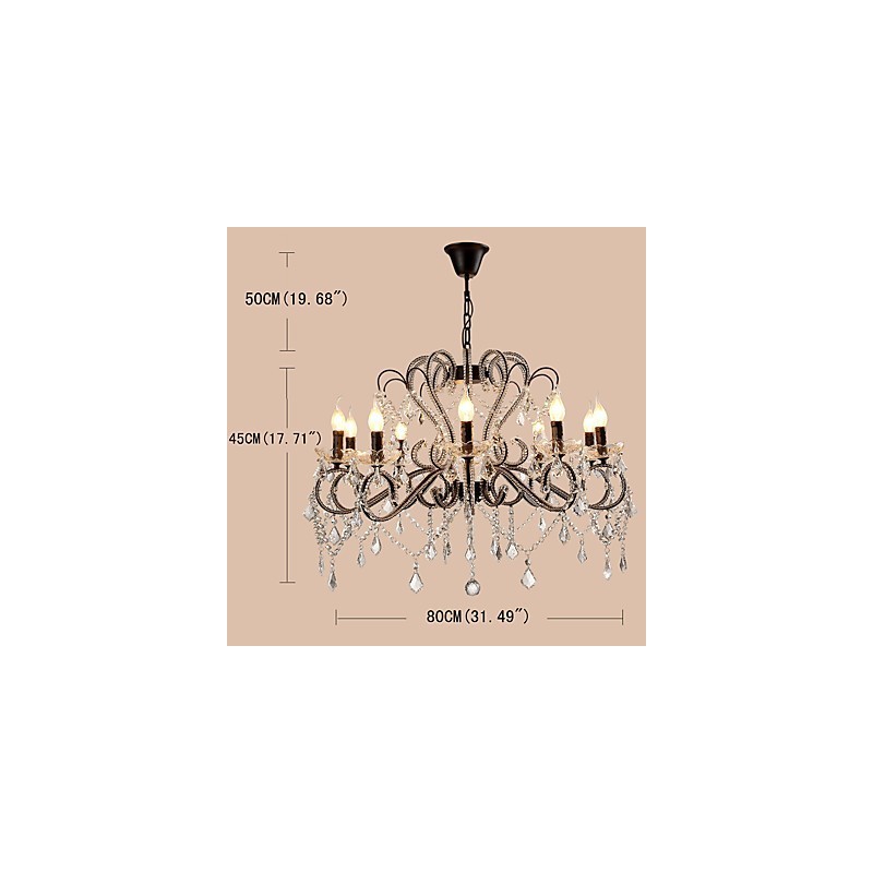 Lampadario retrò country in metallo dipinto con cristalli, 10 lampadine E12/E14