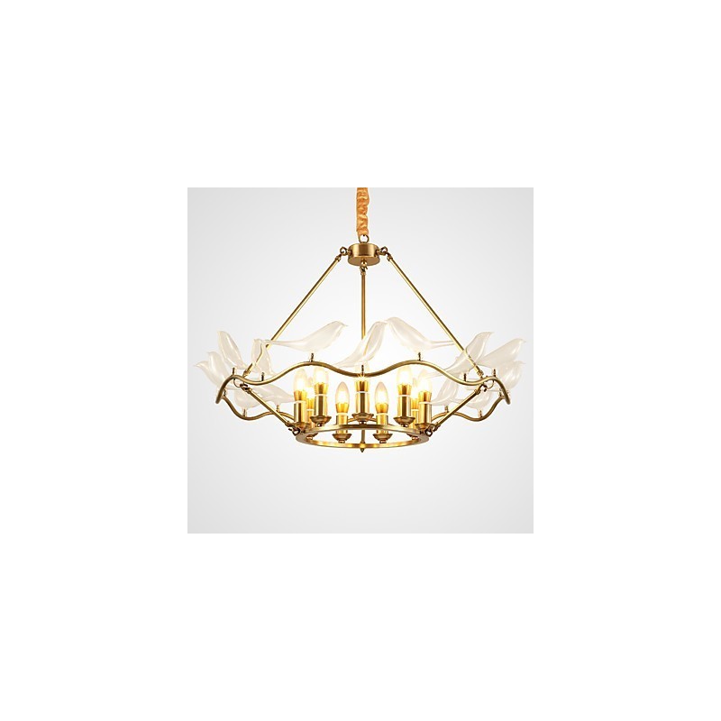 Lampadario moderno contemporaneo in metallo finitura ottone, 9 luci LED E12/E14