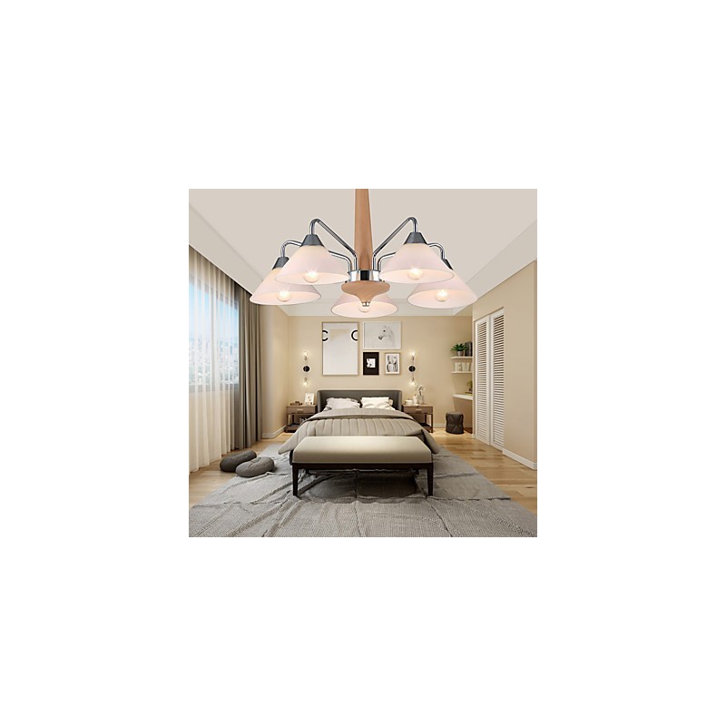 Lampadario country moderno contemporaneo in legno e bambù, 5 luci, E12/E14
