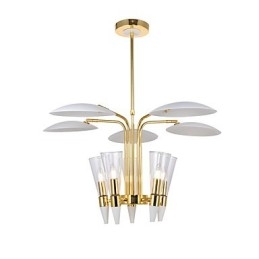 Lampadario a sospensione regolabile in altezza, 5 lampadine E12/E14, metallo e vetro, 80 cm