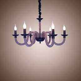 Lampadario industriale vintage in ferro con corda, 6 luci E12/E14