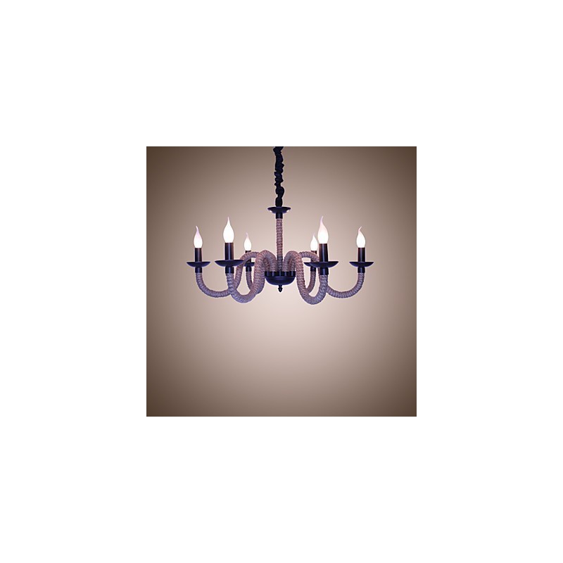 Lampadario industriale vintage in ferro con corda, 6 luci E12/E14