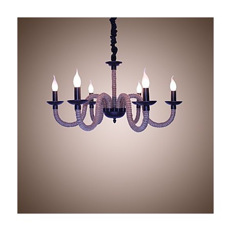 Lampadario industriale vintage in ferro con corda, 6 luci E12/E14
