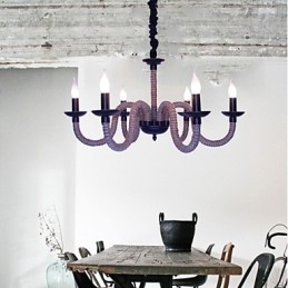 Lampadario industriale vintage in ferro con corda, 6 luci E12/E14