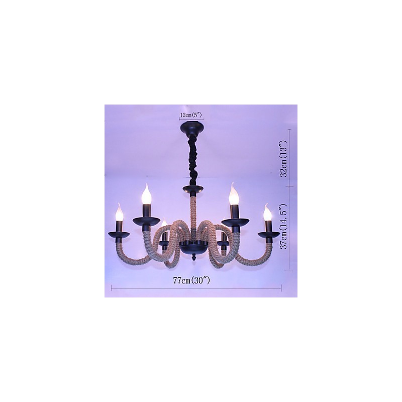 Lampadario industriale vintage in ferro con corda, 6 luci E12/E14