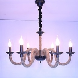 Lampadario industriale vintage in ferro con corda, 6 luci E12/E14